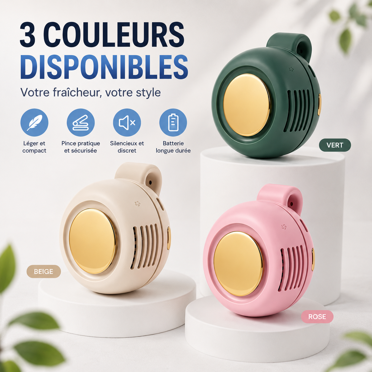 Mini ventilateur portable silencieux USB à clipser, 3 vitesses, rotation ajustable