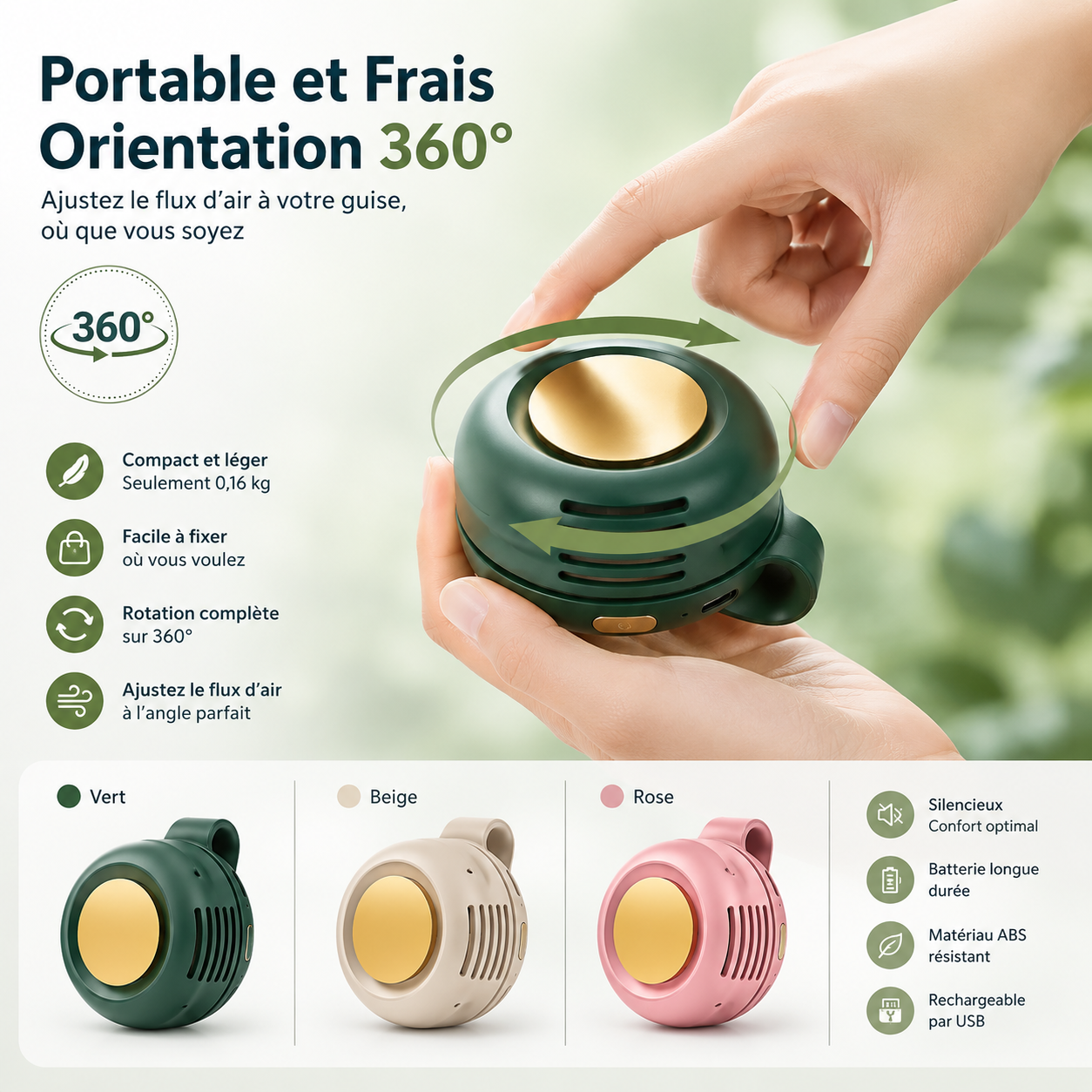 Mini ventilateur portable silencieux USB à clipser, 3 vitesses, rotation ajustable