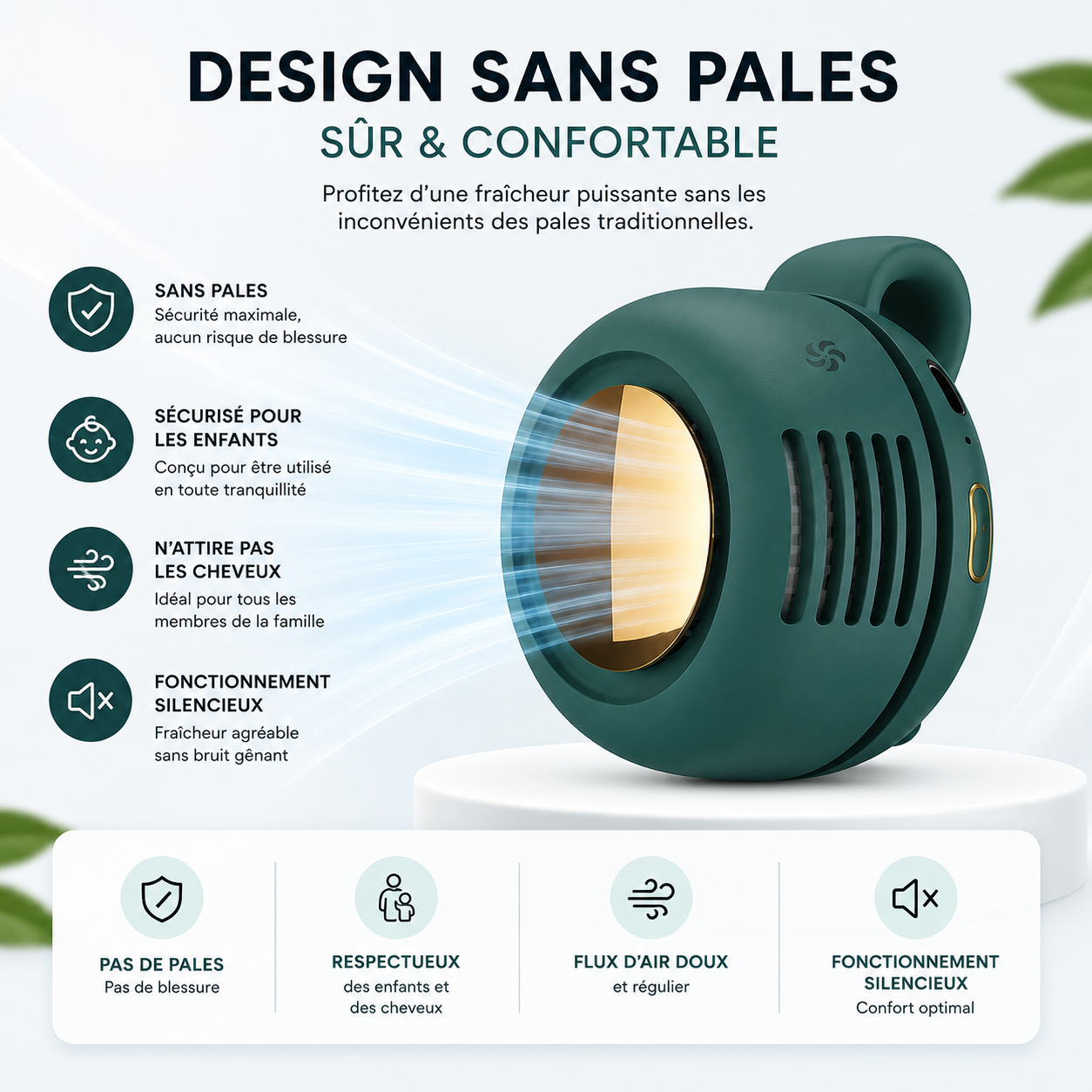 Mini ventilateur portable silencieux USB à clipser, 3 vitesses, rotation ajustable